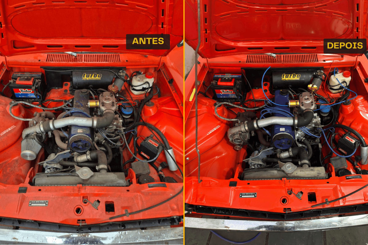 Antes e depois — Limpeza do motor (Chevette)
